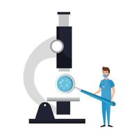 paramédical et loupe avec particules covid 19 vecteur