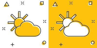 icône de prévision météo de dessin animé de vecteur dans le style comique. soleil avec pictogramme d'illustration de concept de nuages. concept d'effet splash business cloud.