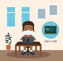 campagne de rester à la maison avec un garçon afro étudiant en ligne vecteur