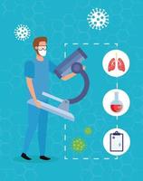 paramédic avec particules covid 19 et icônes médicales vecteur