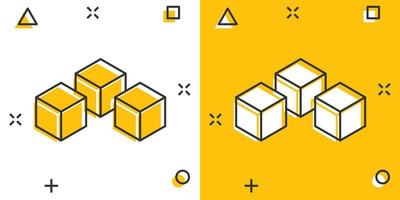 icône de technologie blockchain de dessin animé de vecteur dans le style comique. pictogramme d'illustration de concept de bloc de cube de cryptographie. concept d'effet d'éclaboussure d'entreprise d'algorithme de blockchain.