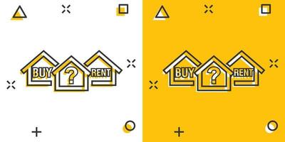 dessin animé de vecteur acheter ou louer l'icône de la maison dans le style comique. pictogramme d'illustration de signe de maison. concept d'effet splash d'entreprise à domicile.