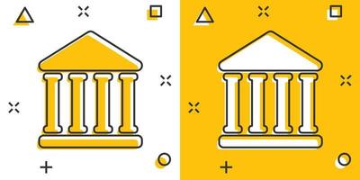 icône de bâtiment de banque dans le style comique. pictogramme d'illustration de dessin animé de vecteur d'architecture gouvernementale. effet d'éclaboussure du concept d'entreprise extérieur du musée.