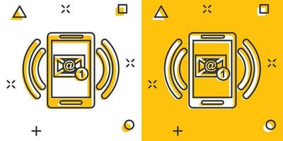 icône de signe de chat de téléphone portable dans le style comique. notifications de message vector illustration de dessin animé sur fond blanc isolé. effet d'éclaboussure de concept d'entreprise de texte de smartphone.