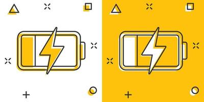icône de signe d'indicateur de niveau de charge de batterie de dessin animé de vecteur dans le style comique. pictogramme d'illustration de signe de batterie. concept d'effet d'éclaboussure d'entreprise d'accumulateur.