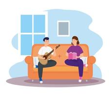 jeune couple lisant et jouant de la guitare vecteur