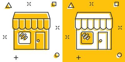 icône de marché de magasin de dessin animé de vecteur dans le style comique. pictogramme d'illustration de signe de bâtiment de magasin. concept d'effet d'éclaboussure d'entreprise de centre commercial.