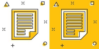 icône de note de document dans le style comique. pictogramme d'illustration de dessin animé de vecteur de feuille de papier. bloc-notes document business concept splash effet.