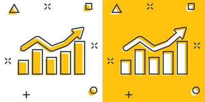 icône de graphique à barres croissante dans le style comique. augmenter le pictogramme d'illustration de dessin animé de vecteur de flèche. effet d'éclaboussure du concept d'entreprise de progrès infographique.