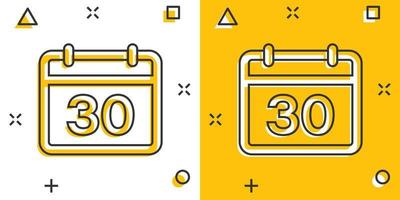 icône de l'agenda du calendrier dans le style comique. pictogramme d'illustration de dessin animé de vecteur de planificateur. effet d'éclaboussure du concept d'entreprise de calendrier.