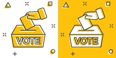 icône de vote dans le style comique. illustration vectorielle de dessin animé d'urne sur fond blanc isolé. concept d'entreprise d'effet d'éclaboussure d'élection. vecteur
