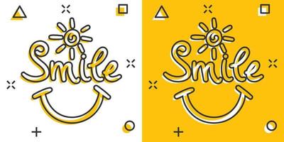 icône de texte de sourire de dessin animé de vecteur dans le style comique. pictogramme d'illustration de signe de sourire dessiné à la main. concept d'effet d'éclaboussure d'entreprise.
