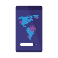 continent américain avec des particules covid19 dans un smartphone vecteur