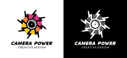 conception du logo de l'appareil photo, illustration du logo de l'objectif de l'appareil photo avec icône d'alimentation électrique