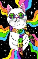 chat blanc groovy psychédélique en lunettes de soleil, voyage rétro dans l'espace vecteur