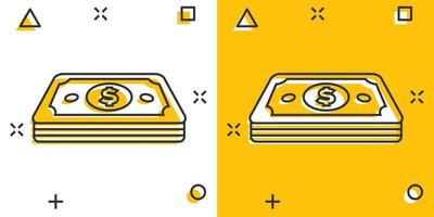 icône de billet de monnaie dollar dans le style comique. pictogramme d'illustration de dessin animé de vecteur de trésorerie dollar. effet d'éclaboussure du concept d'entreprise de billet de banque.