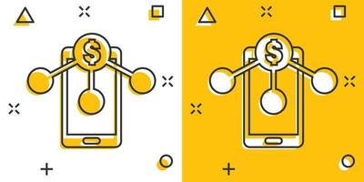 icône de services de paiement dans le style comique. argent envoyer illustration de vecteur de dessin animé sur fond blanc isolé. concept d'entreprise d'effet d'éclaboussure de transaction de smartphone.