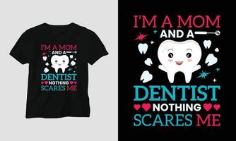 t-shirt de dentiste de vecteur ou conception mignonne d'affiche avec la dent de bande dessinée, les éléments dentaires, etc.