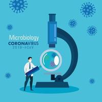 microbiologie pour covid 19 avec médecin et microscope vecteur