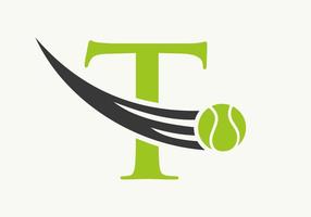 concept de logo de tennis lettre t avec icône de balle de tennis en mouvement. modèle vectoriel de symbole de logo de sport de tennis