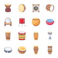 ensemble d'icônes plates de tambours traditionnels vecteur