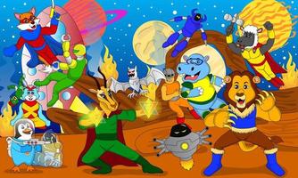 illustration de super-héros animaux combattant un gang de méchants, sur un fond planétaire, idéal pour les livres d'histoires pour enfants, les affiches, le web, les jeux, l'impression et plus encore vecteur