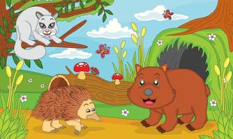 illustration animale australienne, wombat, échidné et possum avec fond de paysage forestier. bon pour les livres d'histoires pour enfants, l'éducation, l'impression, les t-shirts, les autocollants, les sites Web et plus encore vecteur