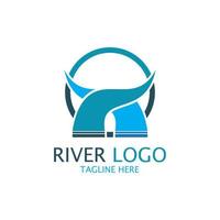 logos de rivières, ruisseaux, berges et ruisseaux, affluents, berges avec une combinaison de montagnes et de terres agricoles avec un concept de design vectoriel minimaliste moderne et simple
