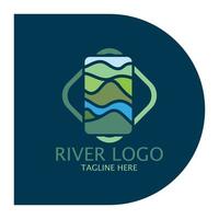 logos de rivières, ruisseaux, berges et ruisseaux, affluents, berges avec une combinaison de montagnes et de terres agricoles avec un concept de design vectoriel minimaliste moderne et simple