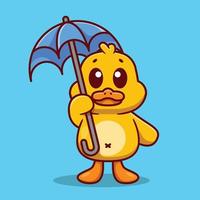 mascotte de dessin animé de personnage de canard mignon portant un parapluie bleu vecteur