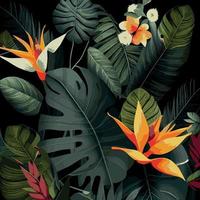 fond de forêt tropicale verte feuilles de monstera, feuilles de palmier, branches. fond de plantes exotiques pour bannière, modèle, décor, carte postale. feuillage abstrait et papier peint botanique - vecteur