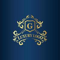 modèle de logo de luxe avec couleur dorée et fond bleu foncé vecteur