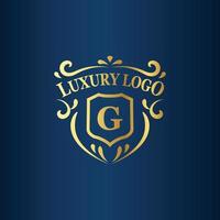 modèle de logo de luxe avec couleur dorée et fond bleu foncé vecteur
