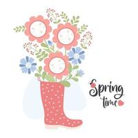 temps de printemps. bouquet de fleurs en botte de caoutchouc. jolie carte postale. illustration vectorielle dans un style plat. vecteur