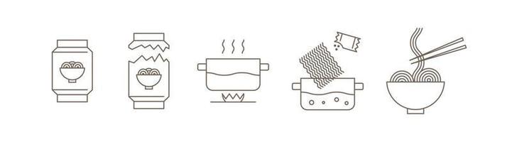 processus de cuisson des nouilles ramen - ensemble d'icônes vectorielles vecteur