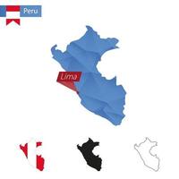 carte bleu low poly du pérou avec la capitale lima. vecteur