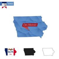 carte bleu low poly de l'état de l'iowa avec la capitale des moines. vecteur