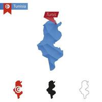 carte bleu low poly de la tunisie avec la capitale tunis. vecteur