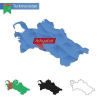 carte bleu low poly du turkménistan avec la capitale ashgabat. vecteur