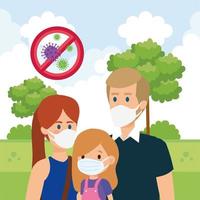 parents avec fille utilisant un masque facial en paysage vecteur