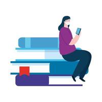 femme étudiant en ligne assis dans des livres de pile vecteur