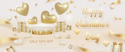 modèle de bannière de vente saint valentin avec décorations en forme de coeur 3d et podium pour l'affichage du produit. vecteur