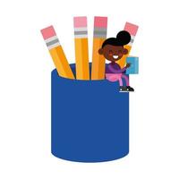 petit étudiant noir garçon assis dans un porte-crayon vecteur