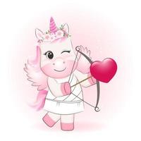 petite licorne cupidon et coeur vecteur