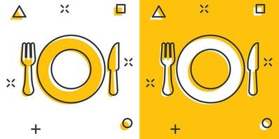 icône de restaurant fourchette et couteau dans le style comique. pictogramme d'illustration de dessin animé de vecteur d'équipement de dîner. effet d'éclaboussure de concept d'entreprise de restaurant.