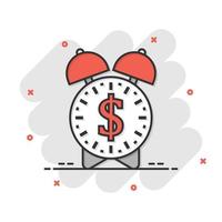 le temps est l'icône de l'argent dans le style comique. horloge avec illustration de vecteur de dessin animé dollar sur fond blanc isolé. concept d'entreprise d'effet d'éclaboussure de monnaie.