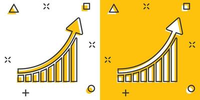 icône de graphique à barres croissante dans le style comique. augmenter le pictogramme d'illustration de dessin animé de vecteur de flèche. effet d'éclaboussure du concept d'entreprise de progrès infographique.