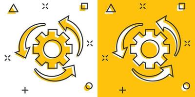 icône de processus de flux de travail dans le style comique. roue dentée d'engrenage avec pictogramme d'illustration de dessin animé de vecteur de flèches. effet d'éclaboussure de concept d'entreprise de flux de travail.