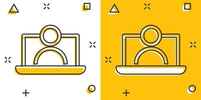 icône de processus de formation en ligne dans le style comique. pictogramme d'illustration de dessin animé de vecteur de séminaire de webinaire. effet d'éclaboussure du concept d'entreprise d'apprentissage en ligne.