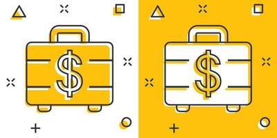 icône de porte-documents d'argent dans le style comique. illustration vectorielle de dessin animé de caisse sur fond blanc isolé. concept d'entreprise d'effet d'éclaboussure de la finance. vecteur